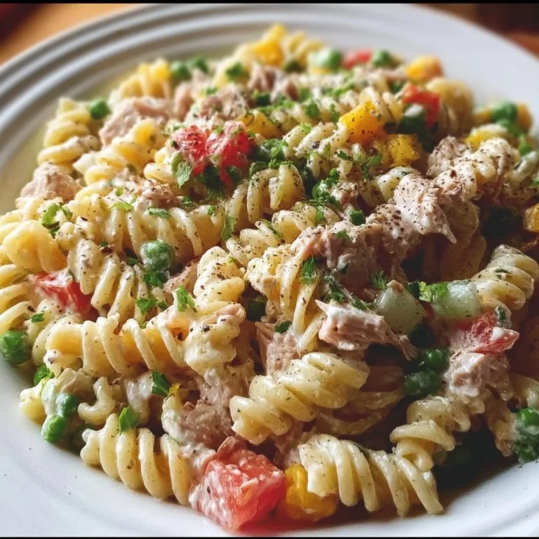 Leckerer Thunfischnudelsalat in einer bunten Schüssel serviert