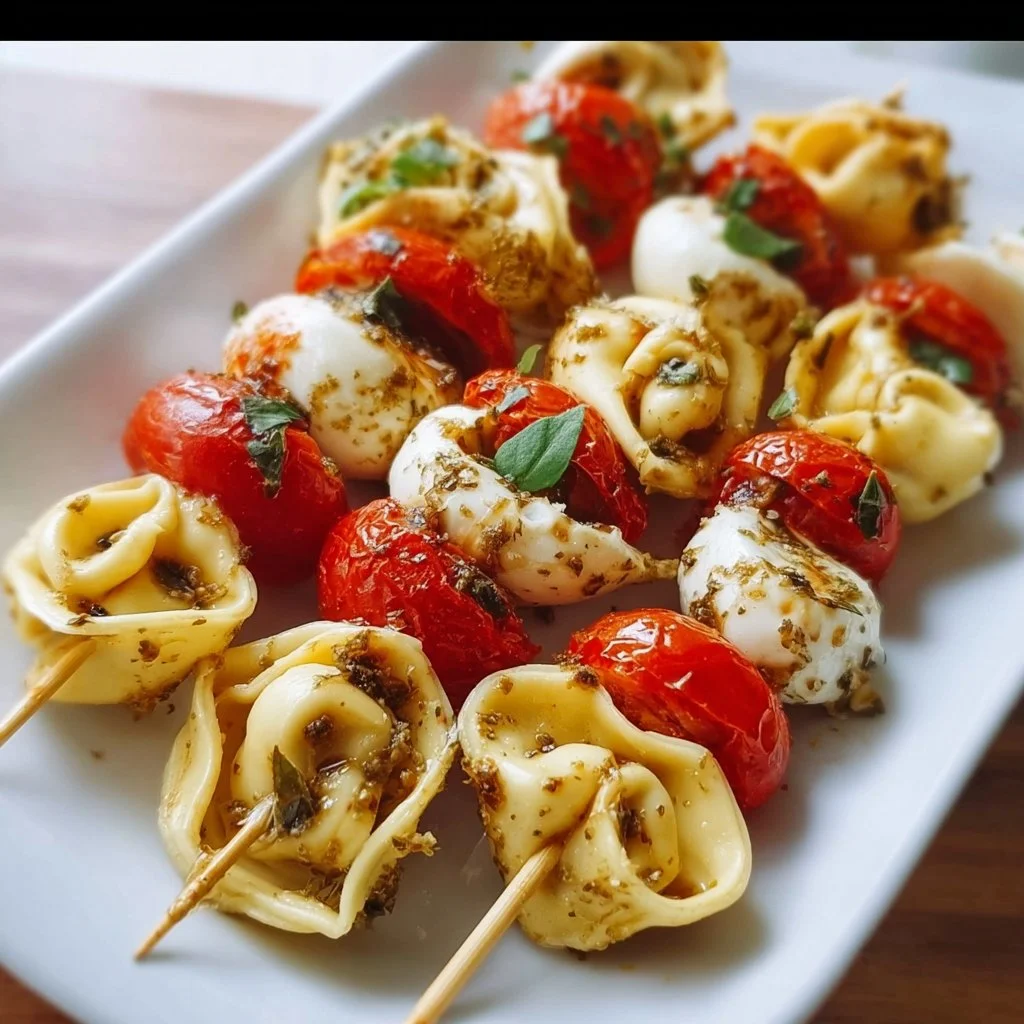 Tortellini-Spieße mit Tomate und Mozzarella auf einem Teller serviert.