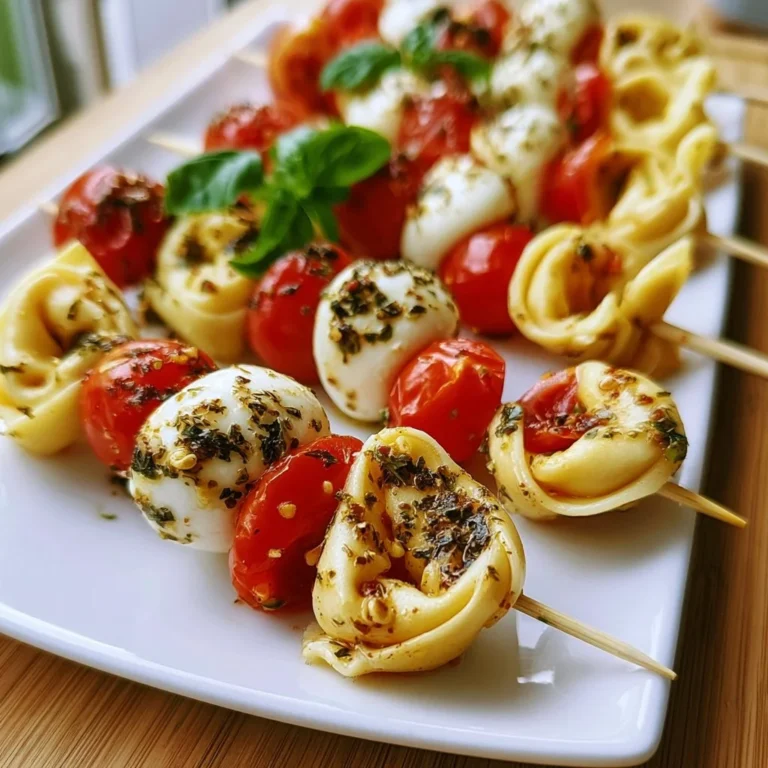 Tortellini-Spieße mit Tomate und Mozzarella auf einem Teller serviert