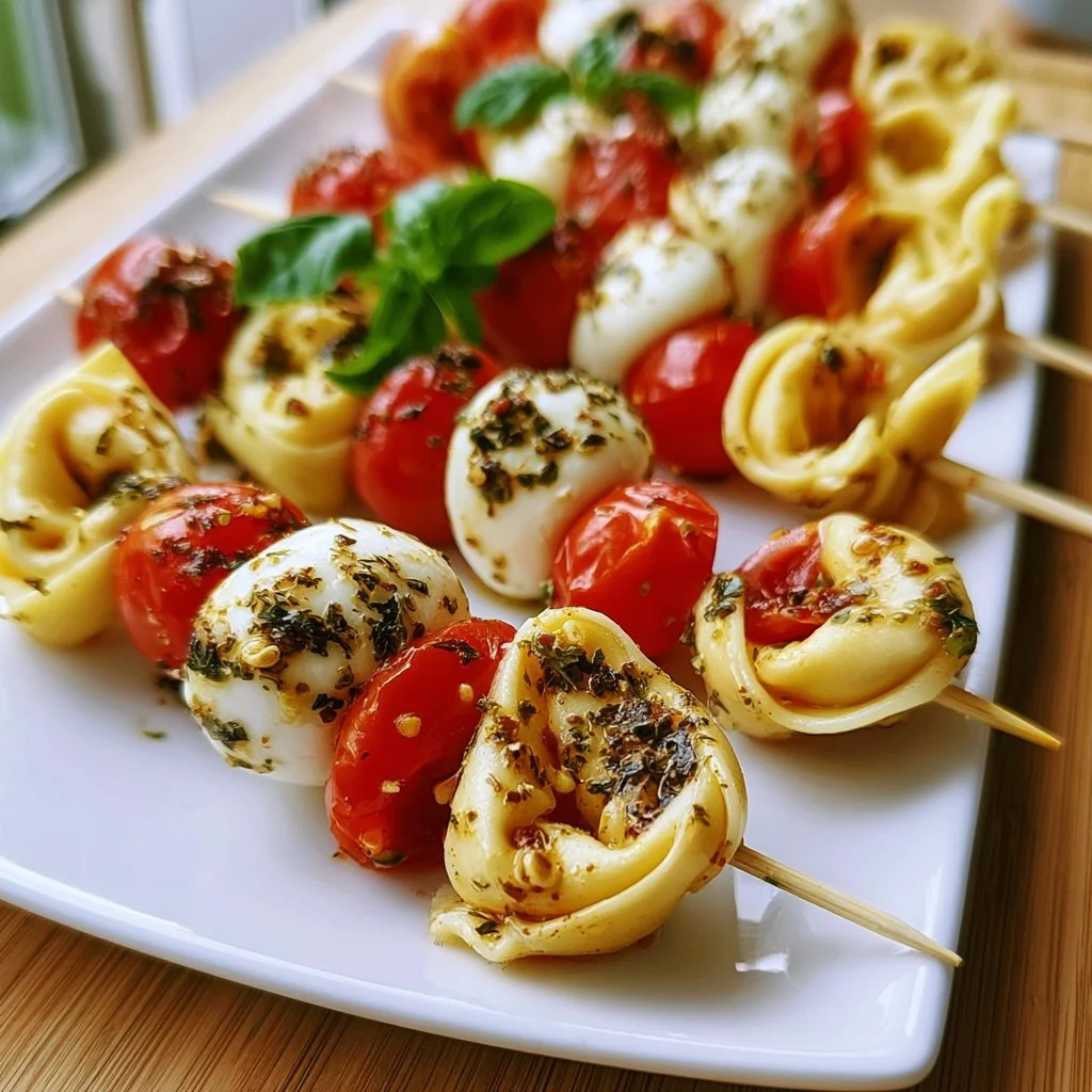 Tortellini-Spieße mit Tomate und Mozzarella auf einem Teller serviert