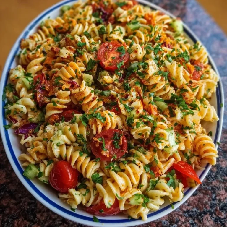 Eine Schüssel Türkischer Nudelsalat mit frischem Gemüse und Kräutern.