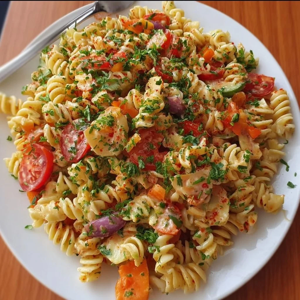Türkischer Nudelsalat mit frischem Gemüse und würzigen Zutaten
