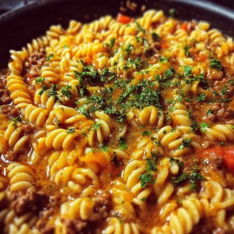 Veganes Eintopfgericht Cheeseburger-Pasta mit Gemüse und Pasta