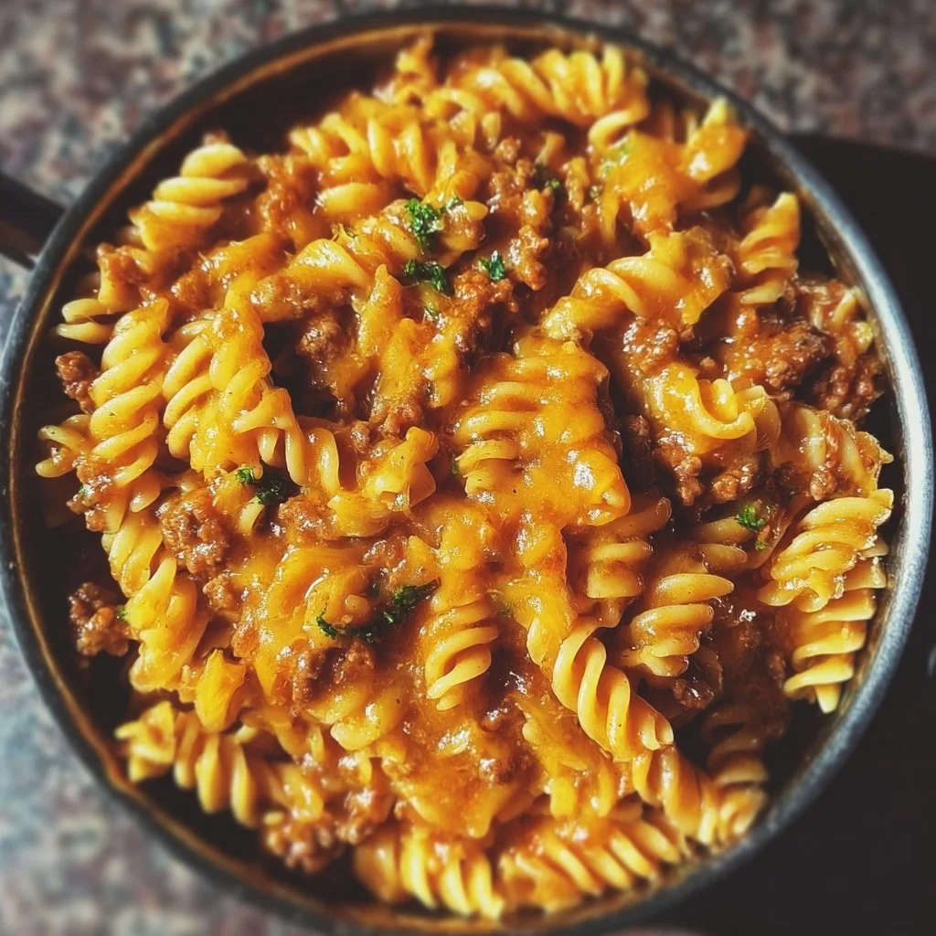Veganes Cheeseburger-Pasta Eintopfgericht mit frischen Zutaten