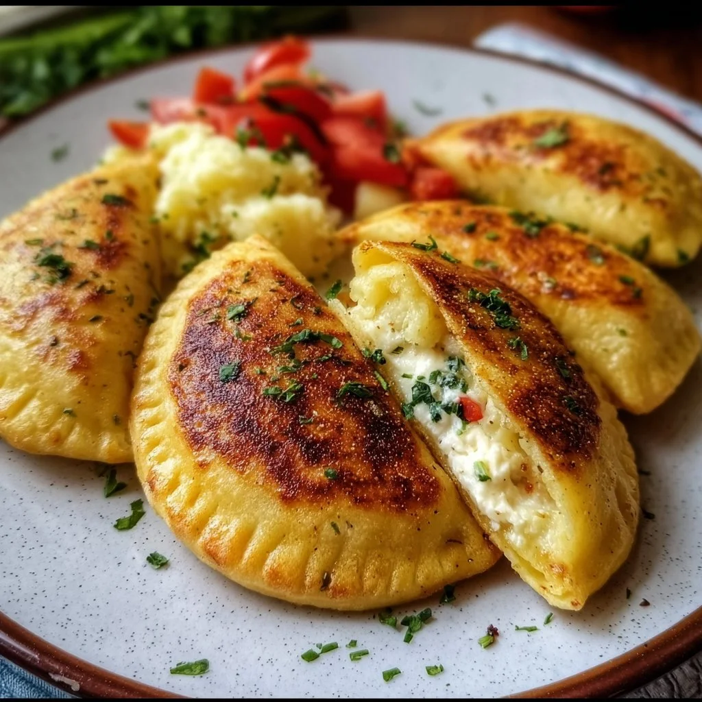 Vegetarische Kartoffeltaschen mit Frischkäsefüllung auf einem Teller serviert