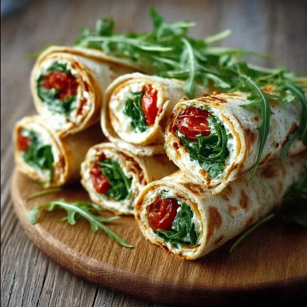 Vegetarische Wrap-Röllchen mit Rucola und Tomaten auf einem Teller