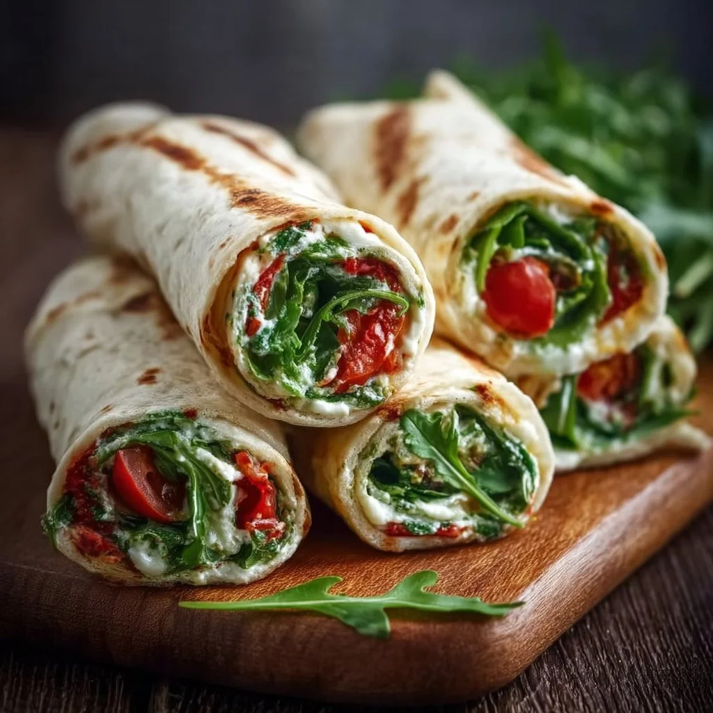 Vegetarische Wrap-Röllchen mit Rucola und Tomaten