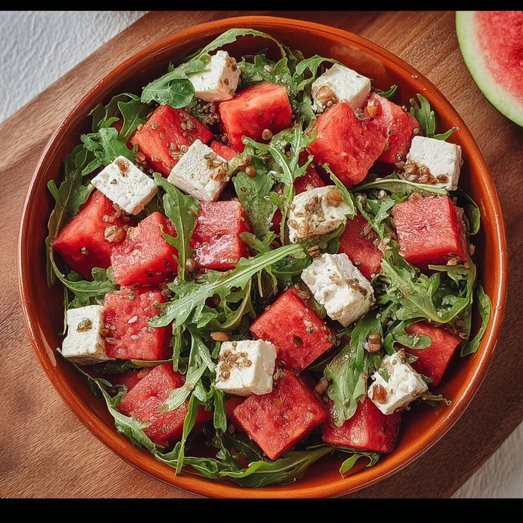 Wassermelonen-Feta-Salat mit Rucola auf einem Teller serviert