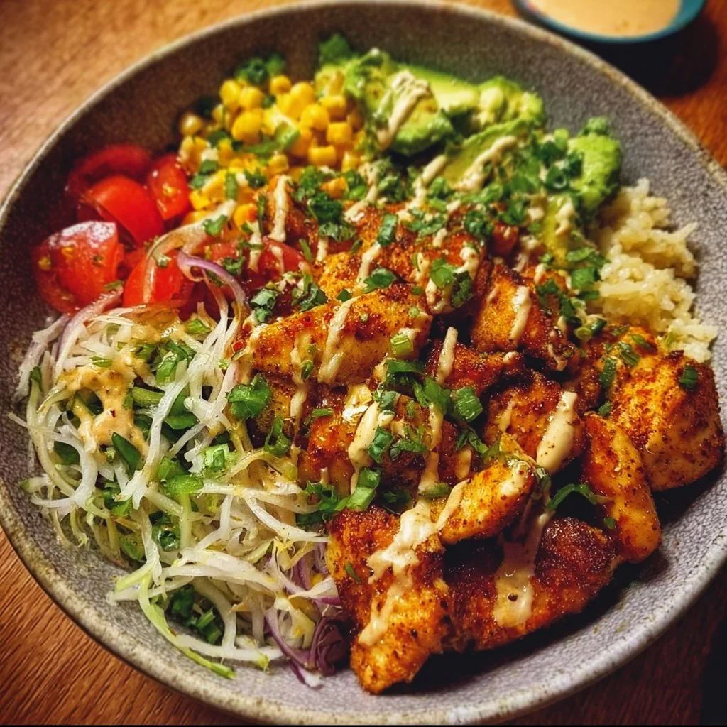 Würzige Hähnchen Bowl mit frischem Gemüse und aromatischen Gewürzen