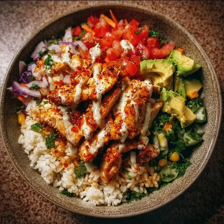 Leckere würzige Hähnchen Bowl mit frischem Gemüse und Reis