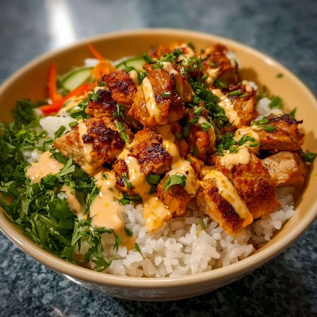 Würzige Hähnchen Bowl mit cremiger Soße auf einem Tisch serviert.