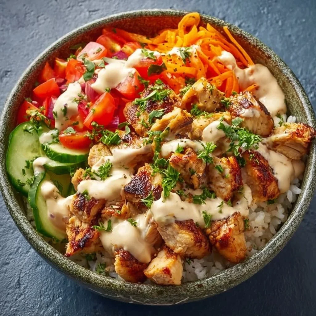 Würzige Hähnchen Bowl mit cremiger Soße