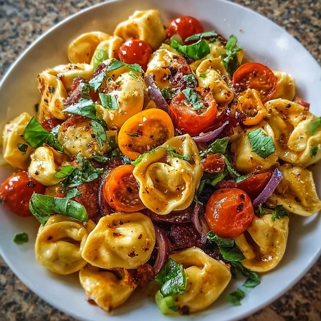 Würziger Süß-Honig Tortellini-Nudelsalat in einer Schüssel angerichtet