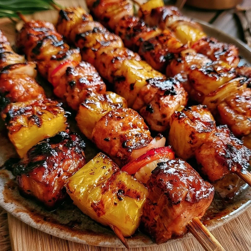 Ananas BBQ Schweinefleisch Spieße auf einem Grill, perfekt für Partys und Grillabende