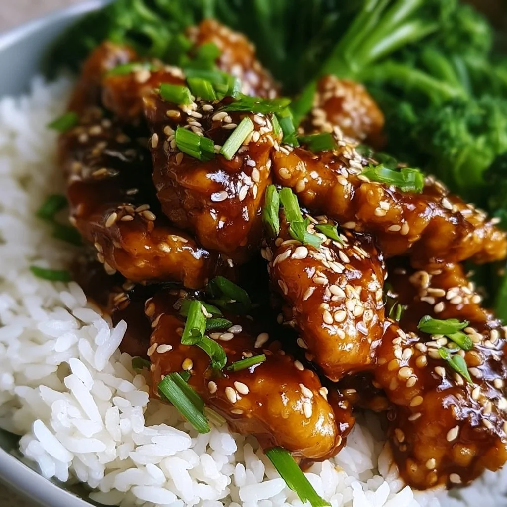 Asiatisches Sesam-Hähnchen auf einem Teller, garniert mit Sesam und Frühlingszwiebeln