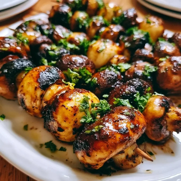 Leckere Champignon-Spieße auf einem Grill serviert