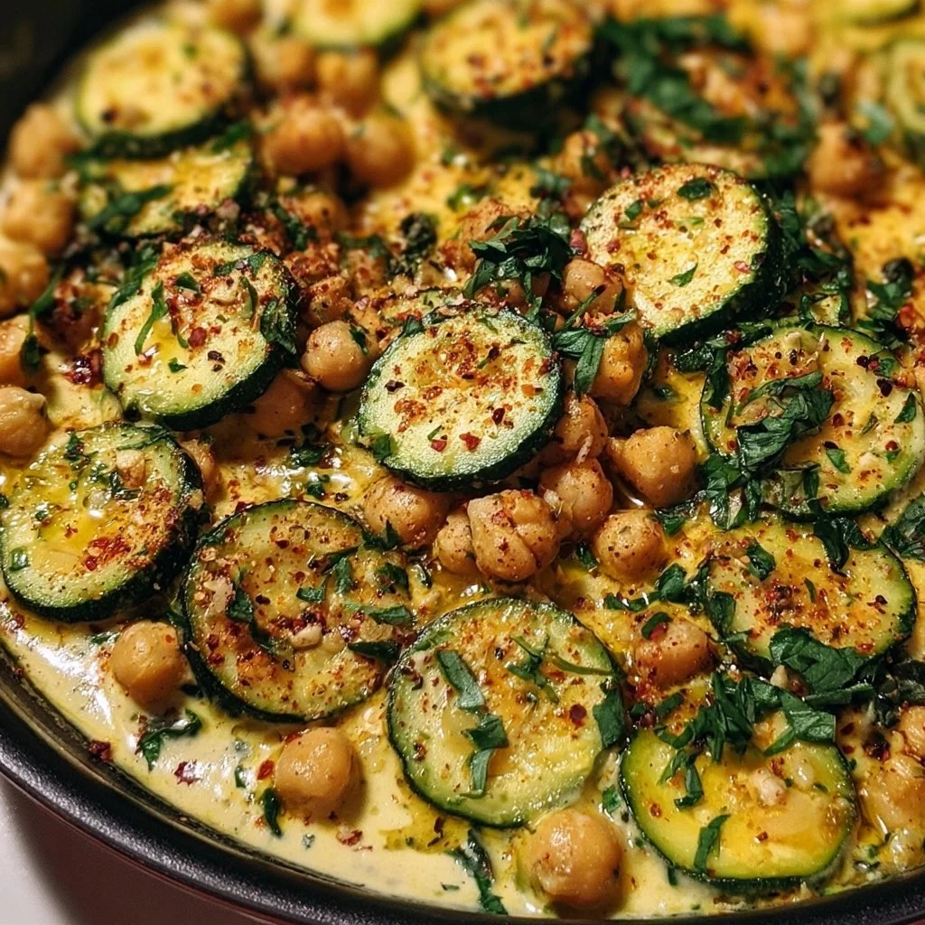 Cremige Knoblauch-Kichererbsen-Zucchini-Pfanne mit frischen Zutaten