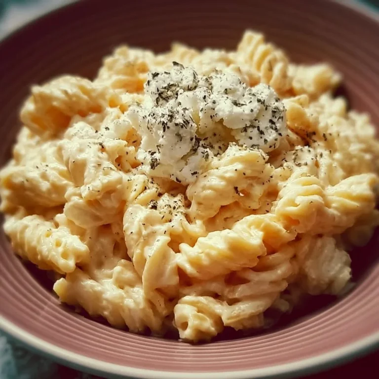 Cremige Protein Nudeln mit Hüttenkäse auf einem Teller serviert.