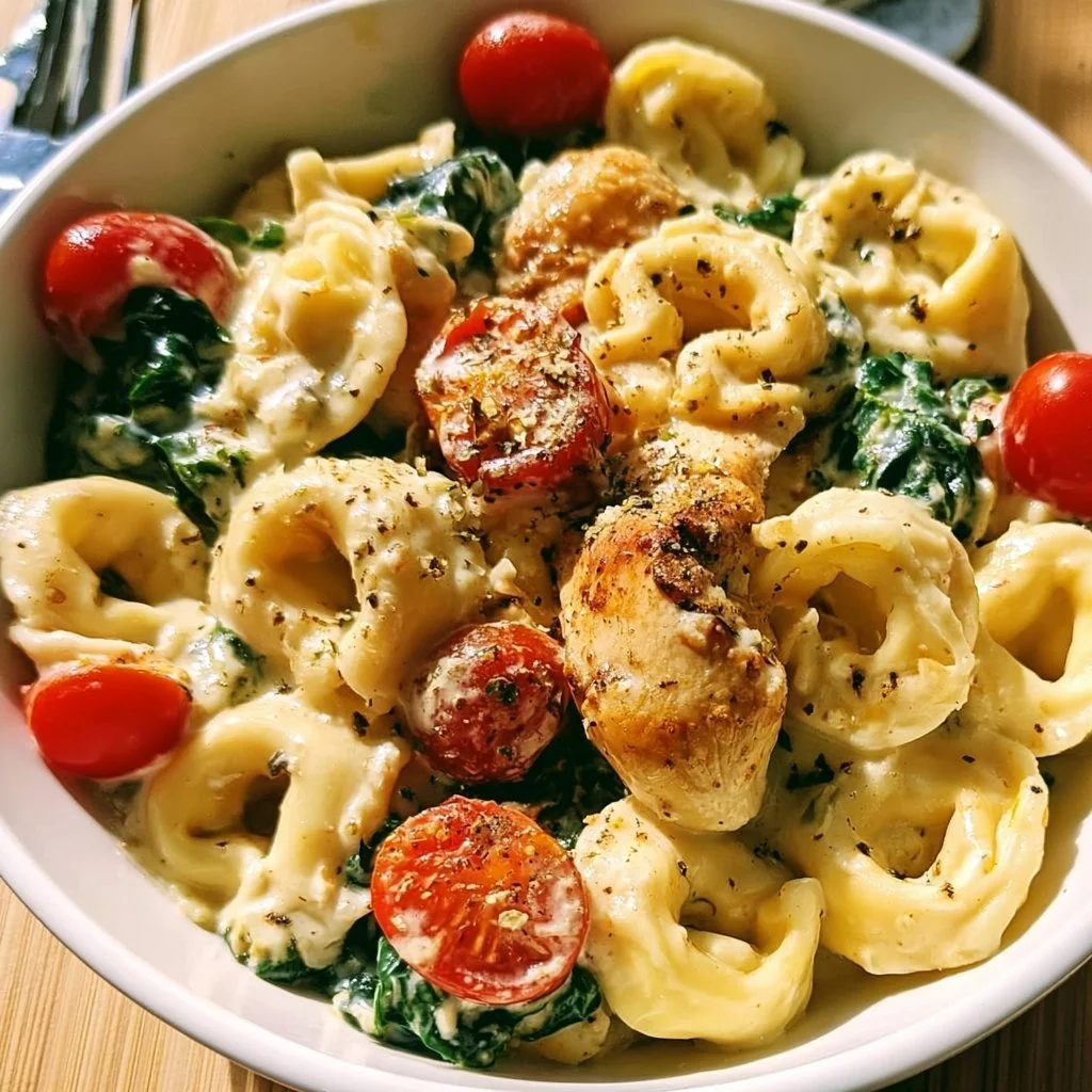 Cremige Tortellini mit Hähnchen, Spinat und Cherrytomaten in einer Pfanne