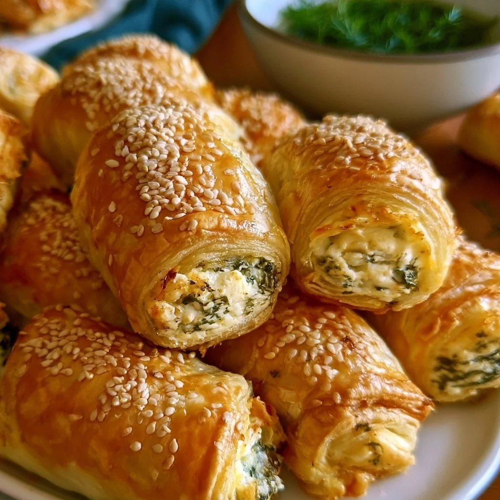Knusprige Feta-Rollen im Blätterteig, perfekt als Snack oder Vorspeise.
