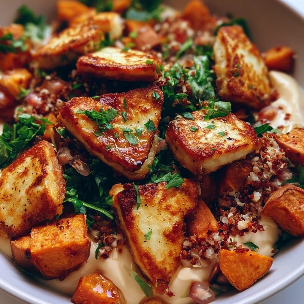 Crispy Halloumi mit gerösteten Süßkartoffeln in einer Schüssel
