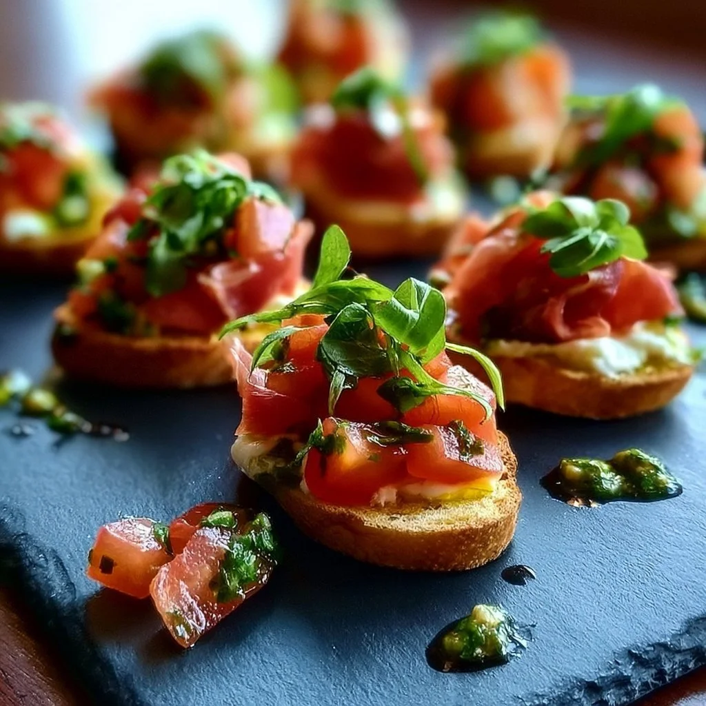 Leckeres Bruschetta mit frischen Tomaten und Basilikum auf einem Holzbrett