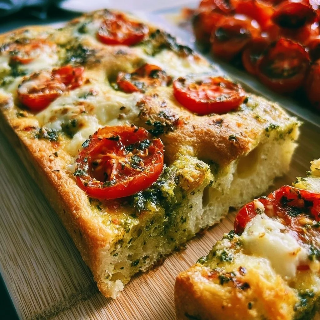 Frische Focaccia mit Pesto und sonnengereiften Tomaten