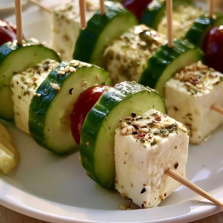 Feta Spieße mit frischer Gurke auf einem Teller serviert
