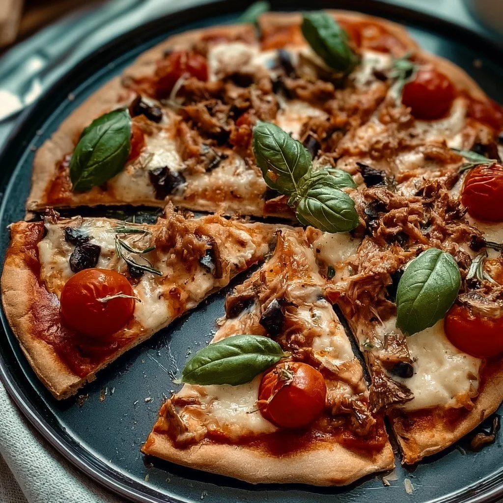 Gesunde Fitness-Pizza mit Skyr auf einem rustikalen Holzbrett
