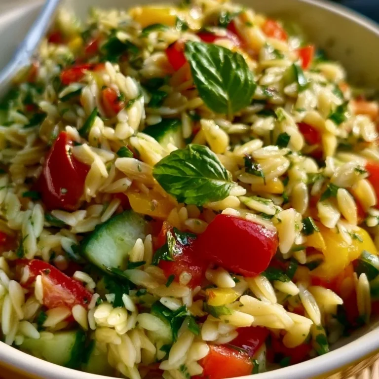 Frischer Orzo Salat mit Gurke, Paprika und Kräutern auf einem Teller