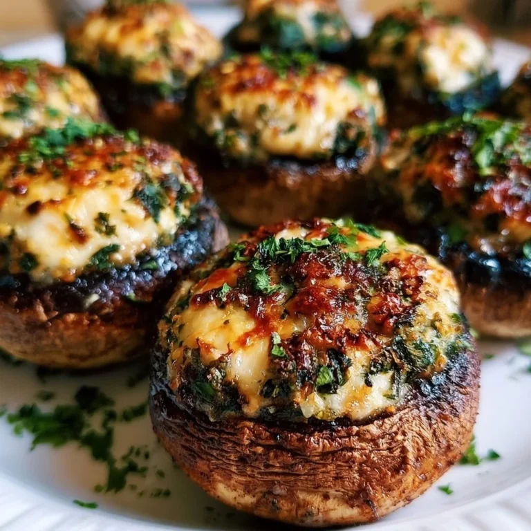 Gefüllte Champignons vom Grill auf einem Teller, garniert mit frischen Kräutern.