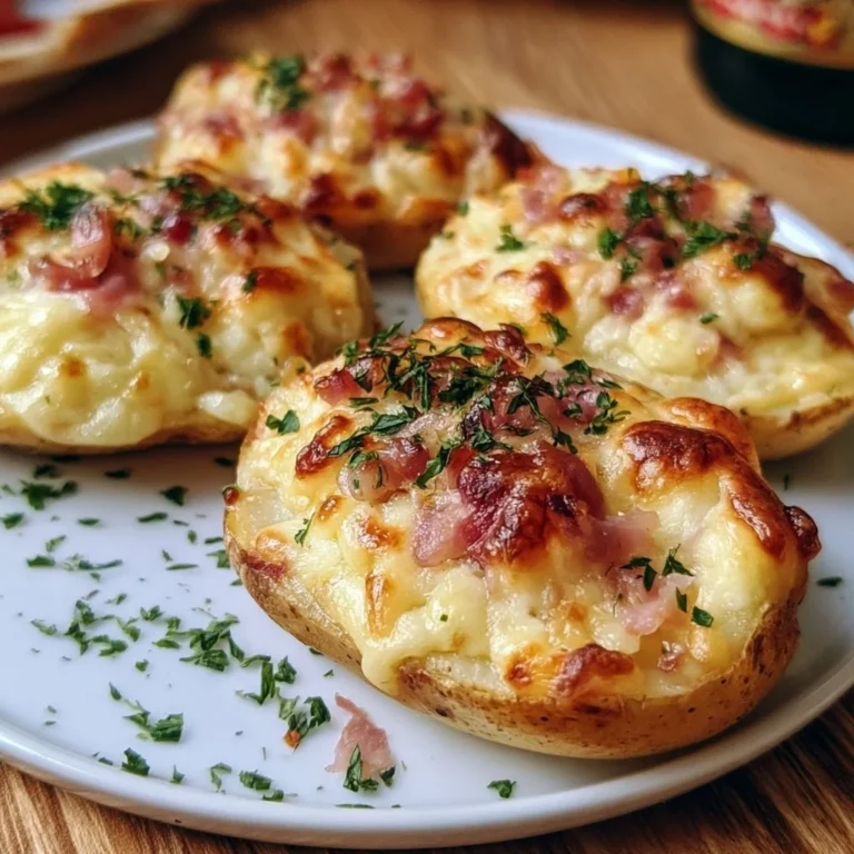 Gefüllte Kartoffeln nach Flammkuchen-Art, frisch zubereitet und serviert.
