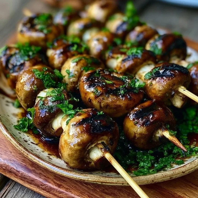 Gegrillte Champignon-Spieße auf einem Teller mit frischem Gemüse