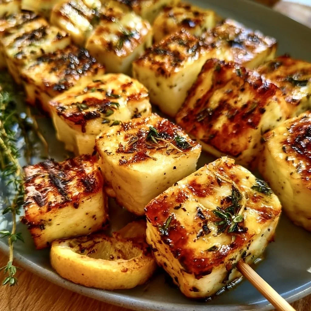 Gegrillte Halloumi-Spieße mit Zitrone und Thymian auf dem Grill