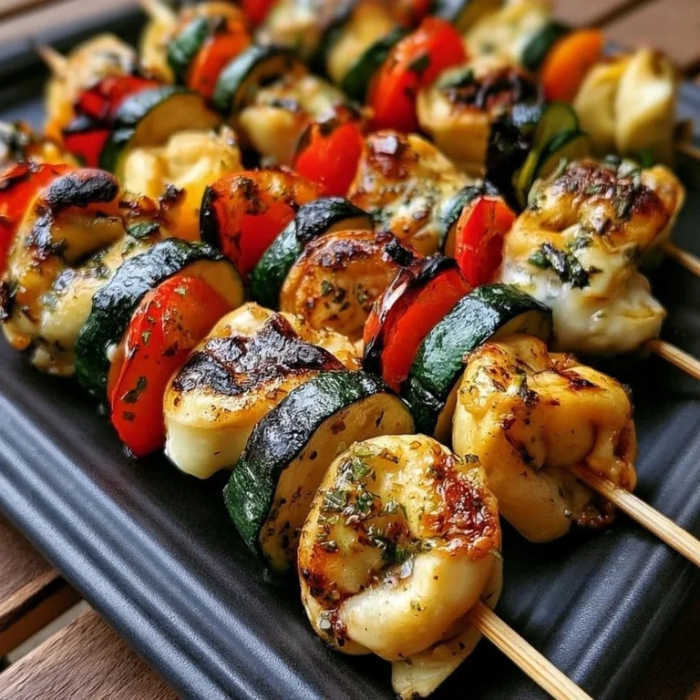 Gegrillte Tortellini-Spieße auf einem Grill serviert.