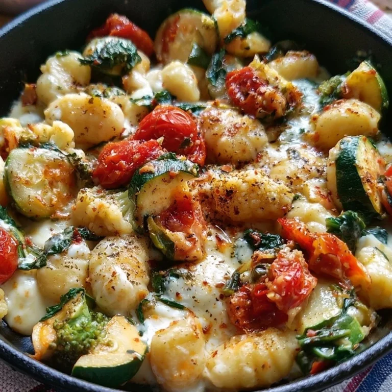 Gnocchi-Gemüse-Pfanne mit Frischkäse auf einem Teller serviert