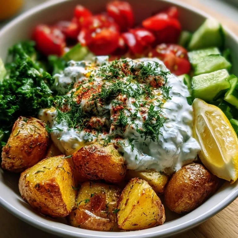Griechische Kartoffel Bowl mit frischem Tzatziki auf einem Teller
