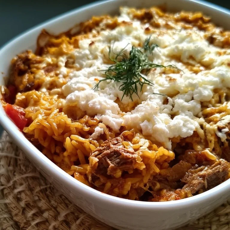 Griechischer Kritharaki-Hackauflauf mit Feta auf einem Teller serviert