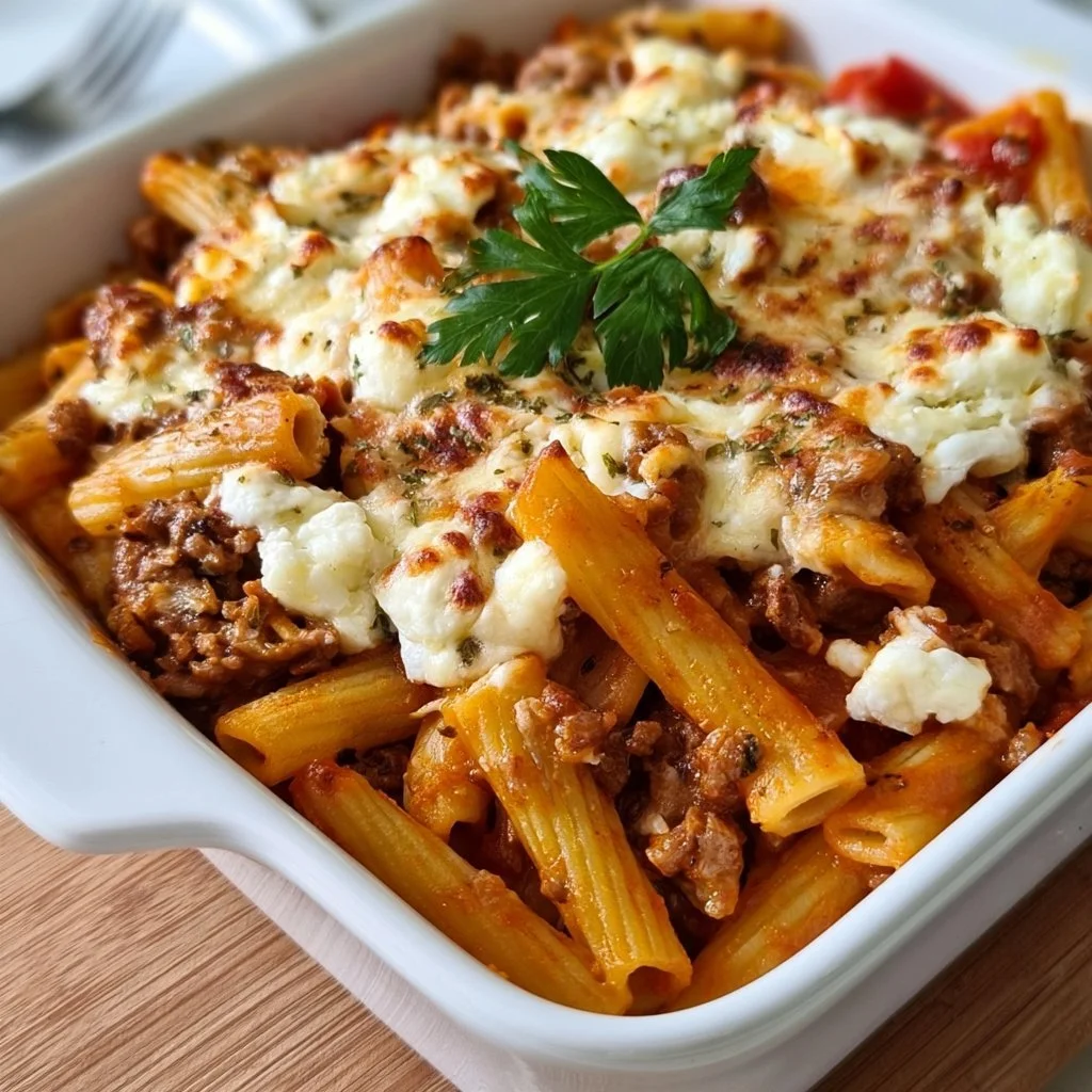 Griechischer Nudelauflauf mit Feta und Hackfleisch auf einem Teller