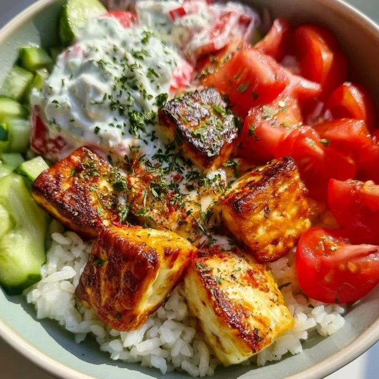 Halloumi-Schüssel mit Reis und Tzatziki, ein gesundes und leckeres Rezept