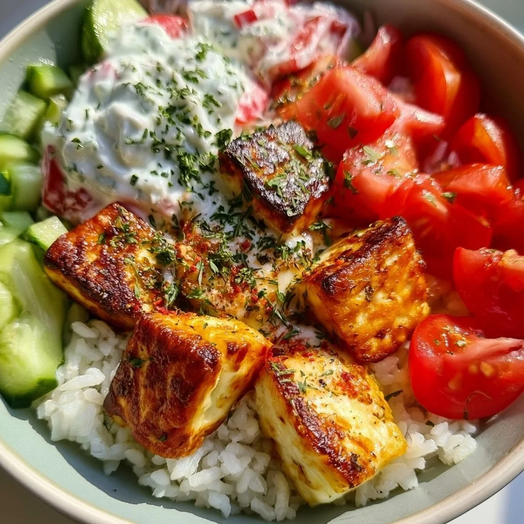 Halloumi-Schüssel mit Reis und Tzatziki, ein gesundes und leckeres Rezept