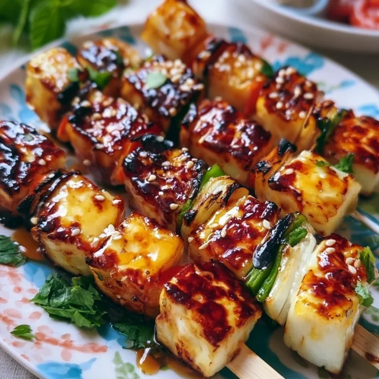 Halloumi-Spieße mit Honigglasur auf einem Grill serviert.