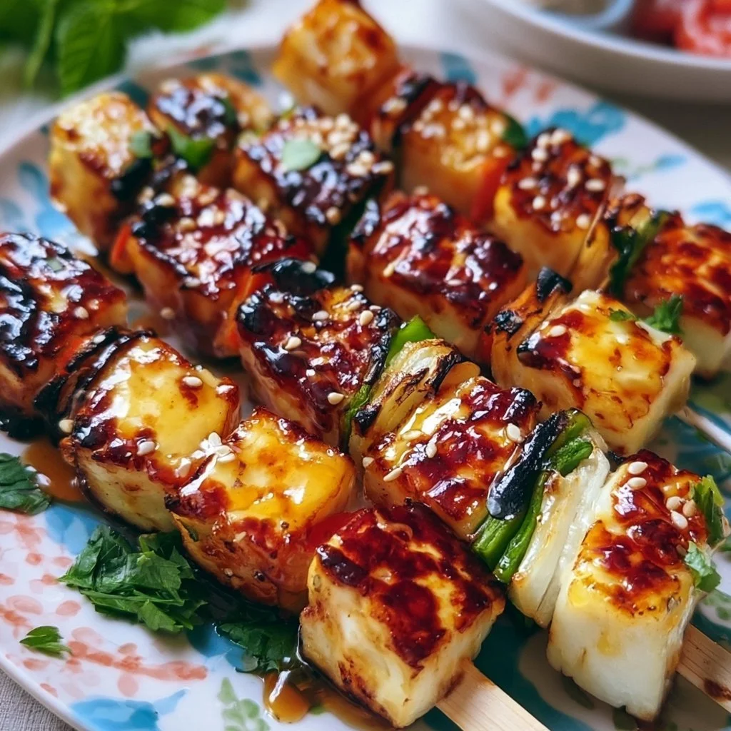 Halloumi-Spieße mit Honigglasur auf einem Grill serviert.