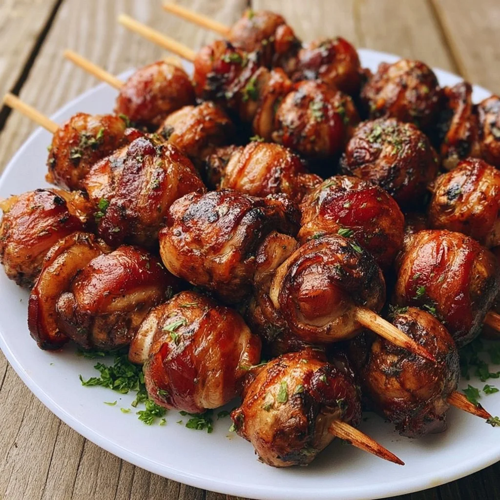 Herzhafte BBQ-Bacon-Champignon-Spieße auf dem Grill