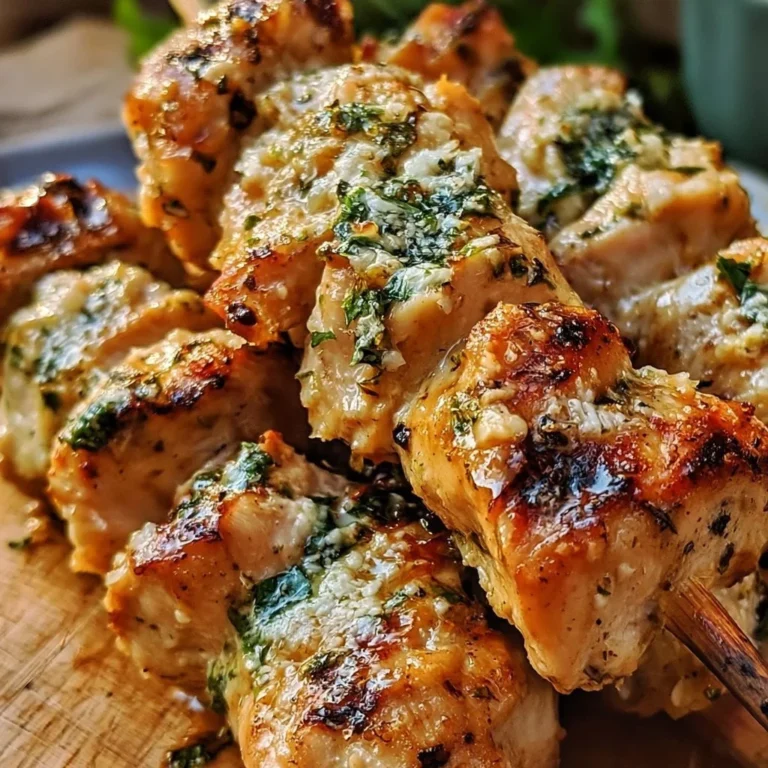 Herzhafte Knoblauch-Parmesan-Hühnchenspieße auf einem Grillrost.