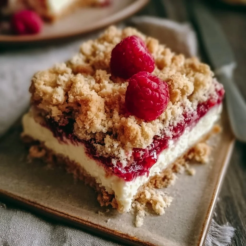 Himbeer-Käsekuchen mit Streusel auf einem Teller, dekoriert mit frischen Himbeeren.