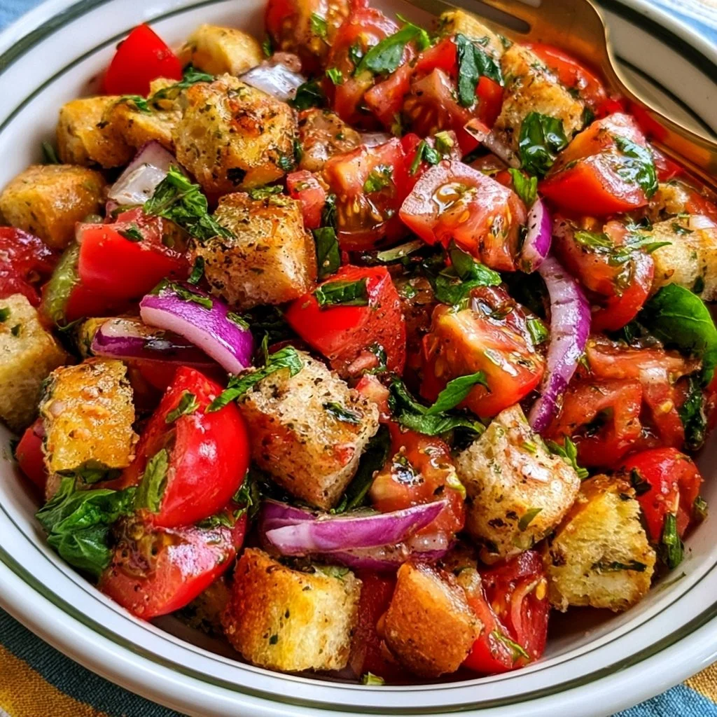 Italienischer Brotsalat Panzanella mit frischen Tomaten und Brotstücken
