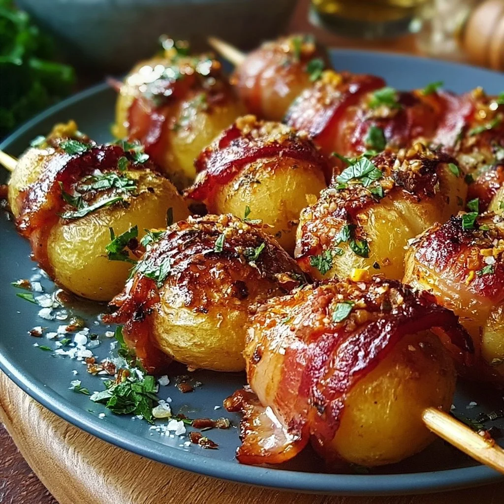 Leckere Kartoffel-Bacon-Spieße auf einem Grill angerichtet