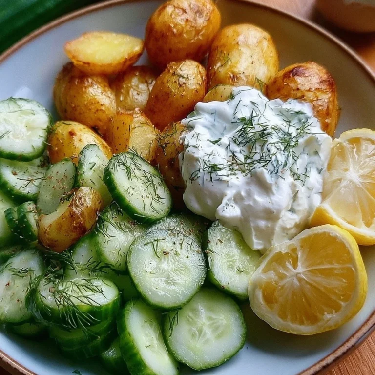 Kartoffeln mit Gurkensalat und Quark auf einem Teller serviert