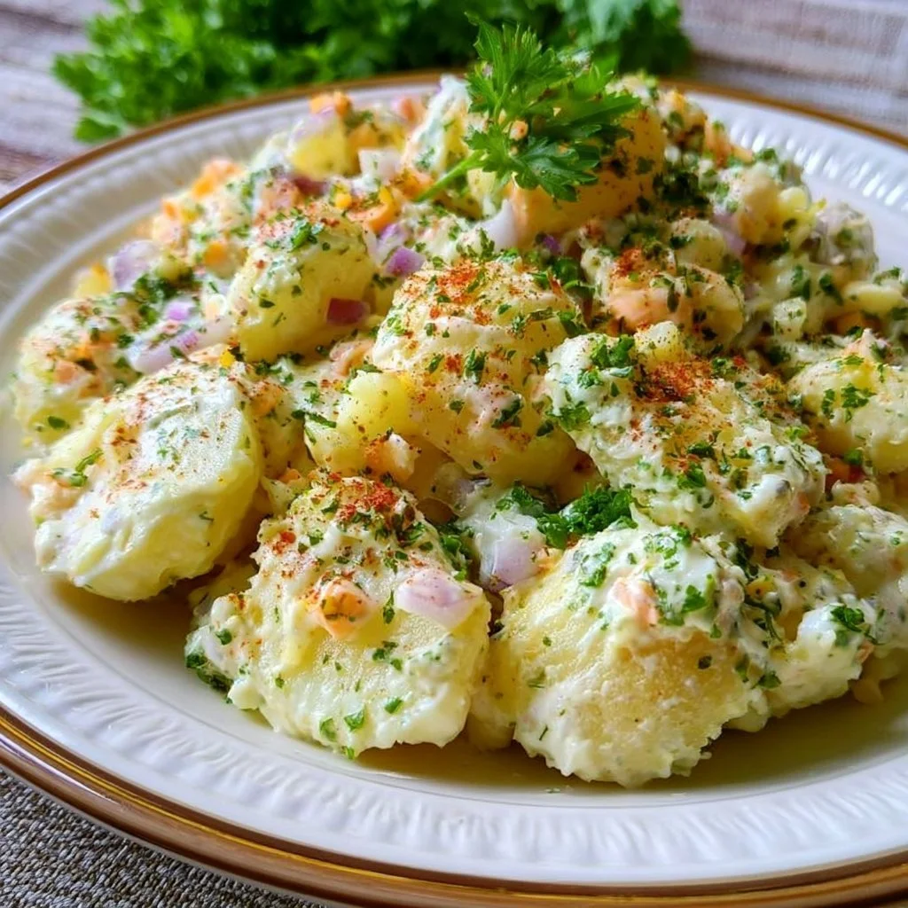 Kartoffelsalat mit Joghurt in einer Schüssel serviert